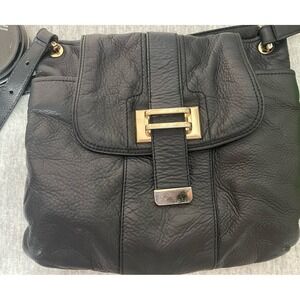 Liz Claiborne Y2K Black Leather Crossbody Bag Adjustable Strap Gold Buckle